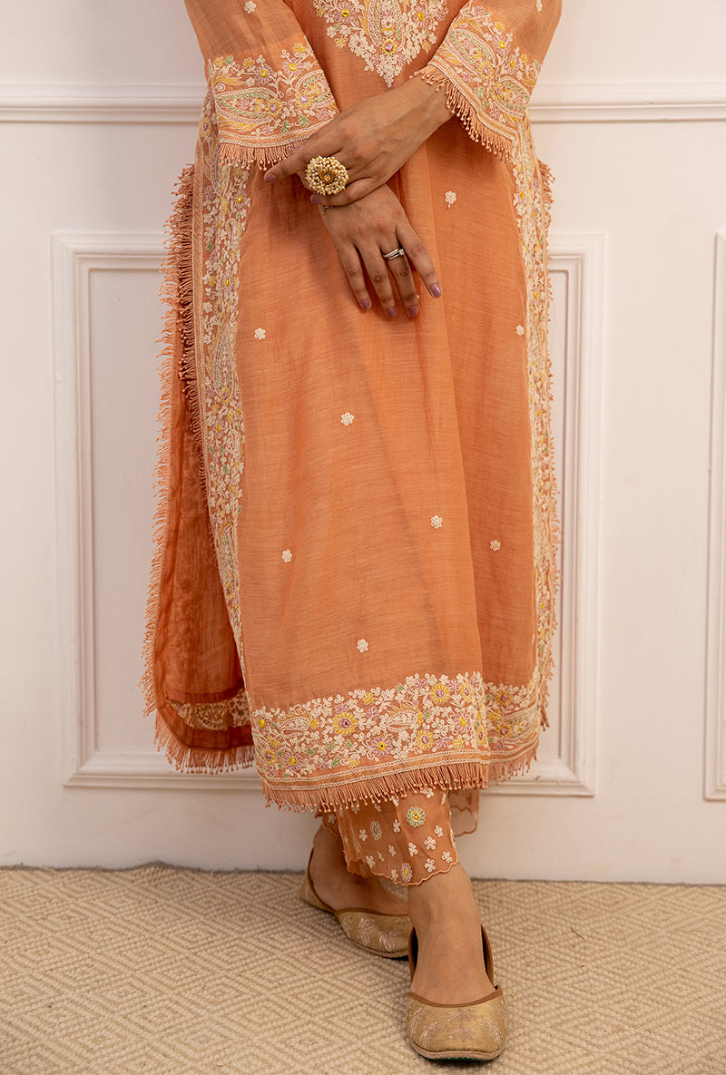 Peach Dori Paisley Long Kurta Set