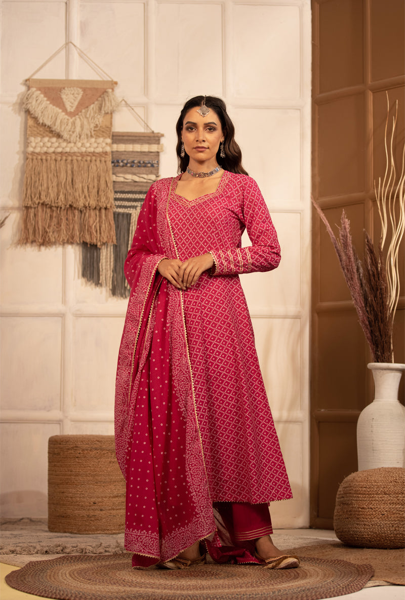 Rani Pink Bandhej Anarkali Kurta Set