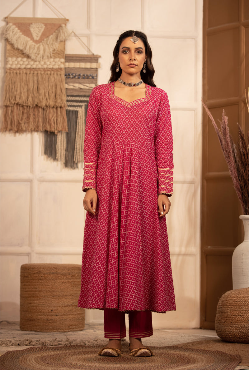 Rani Pink Bandhej Anarkali Kurta Set