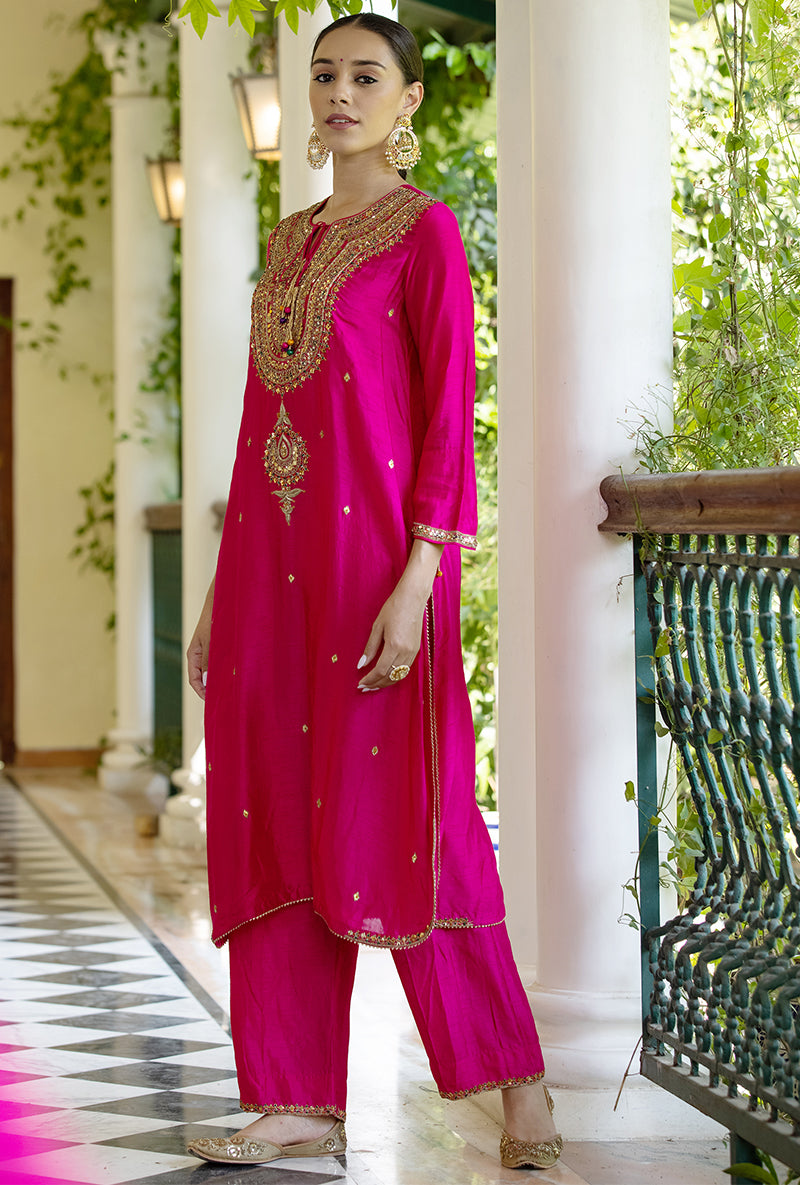 Rani Pink Resham And Zardozi  Heavy-Neck Aayat Kurta Set