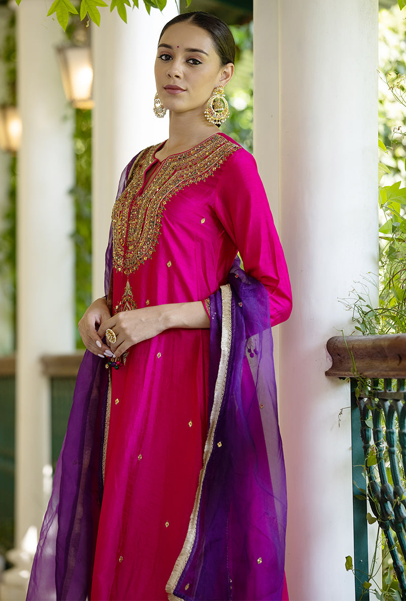 Rani Pink Resham And Zardozi  Heavy-Neck Aayat Kurta Set