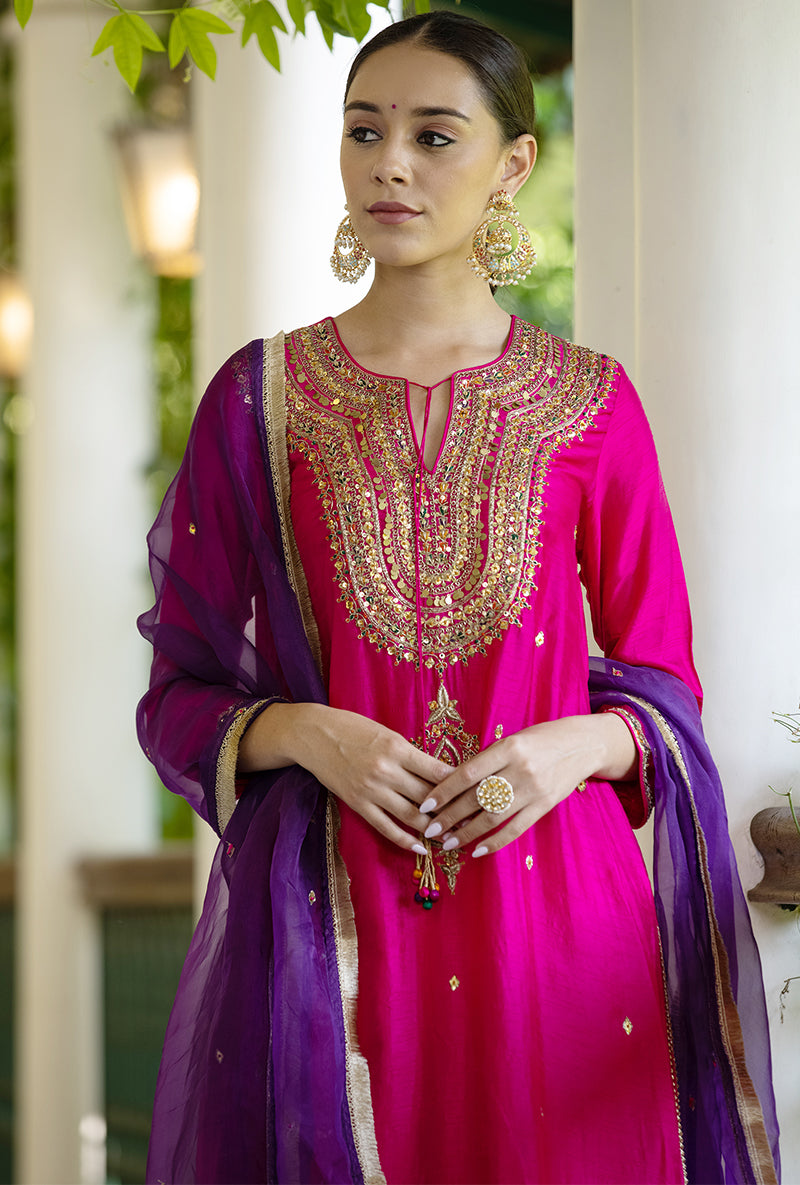 Rani Pink Resham And Zardozi  Heavy-Neck Aayat Kurta Set