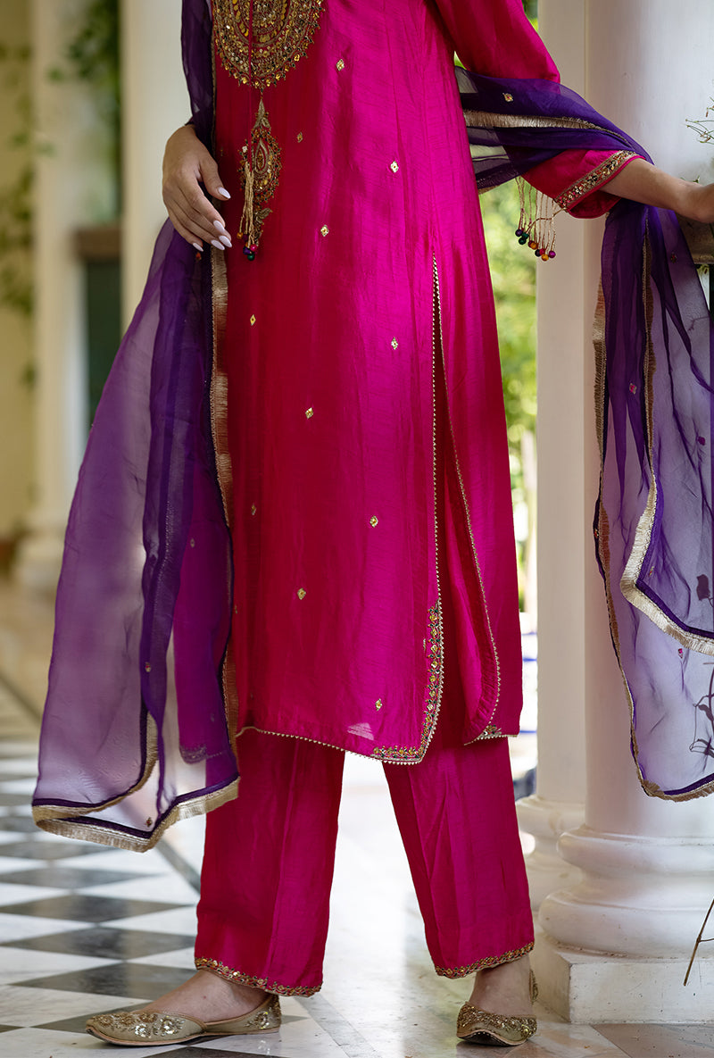 Rani Pink Resham And Zardozi  Heavy-Neck Aayat Kurta Set