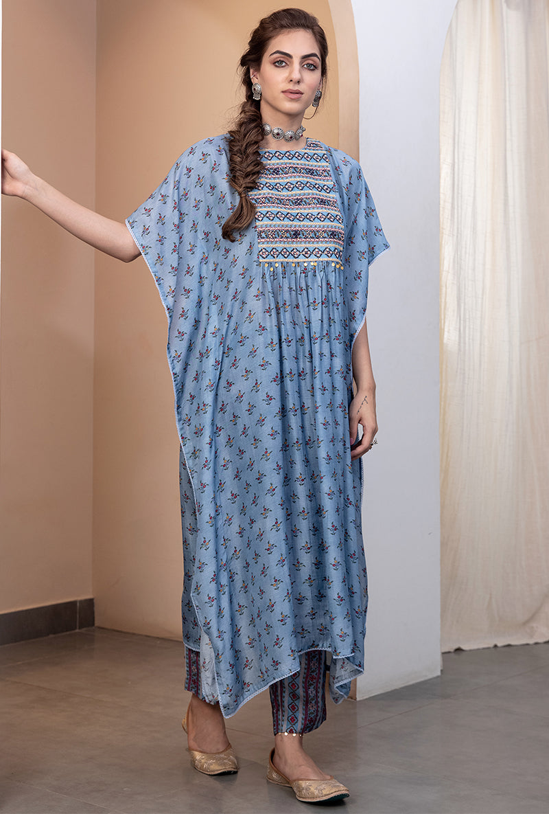 Blue Thread And Mirror Kaftan Sarah Tunic Set