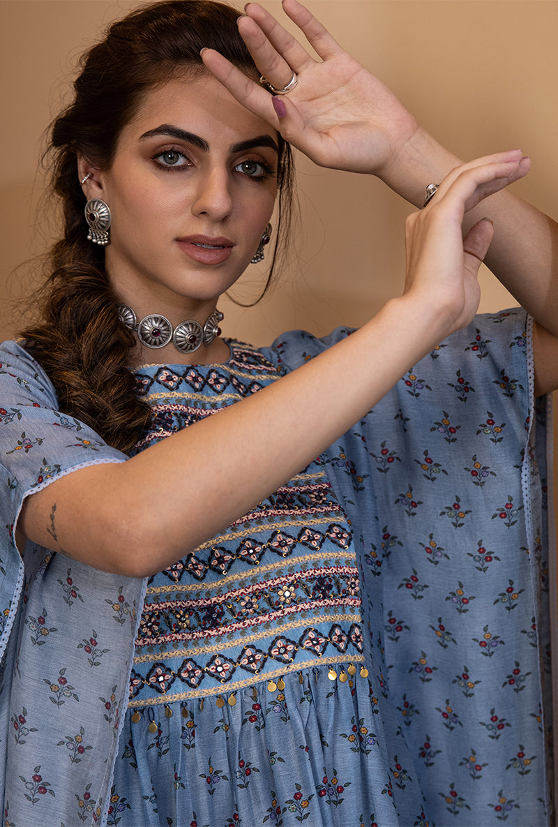 Blue Thread And Mirror Kaftan Sarah Tunic Set