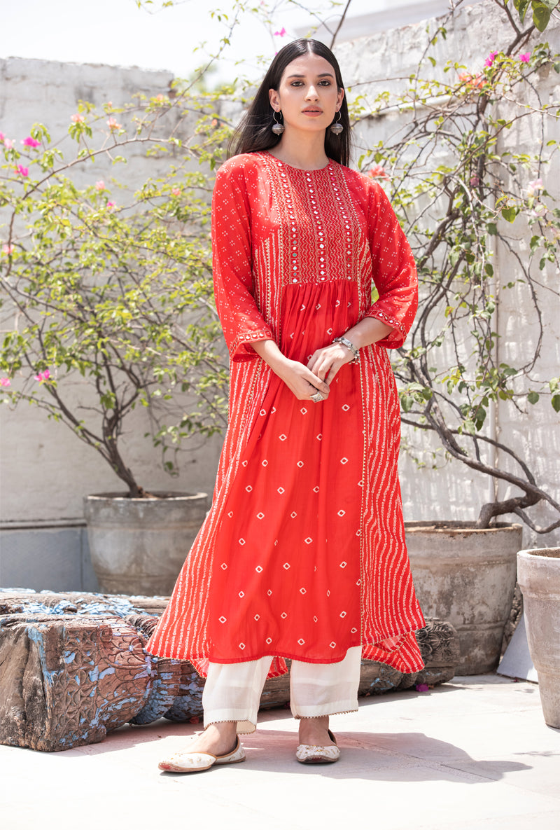 Coral Red Mirror Yoke Nura Kurta Set