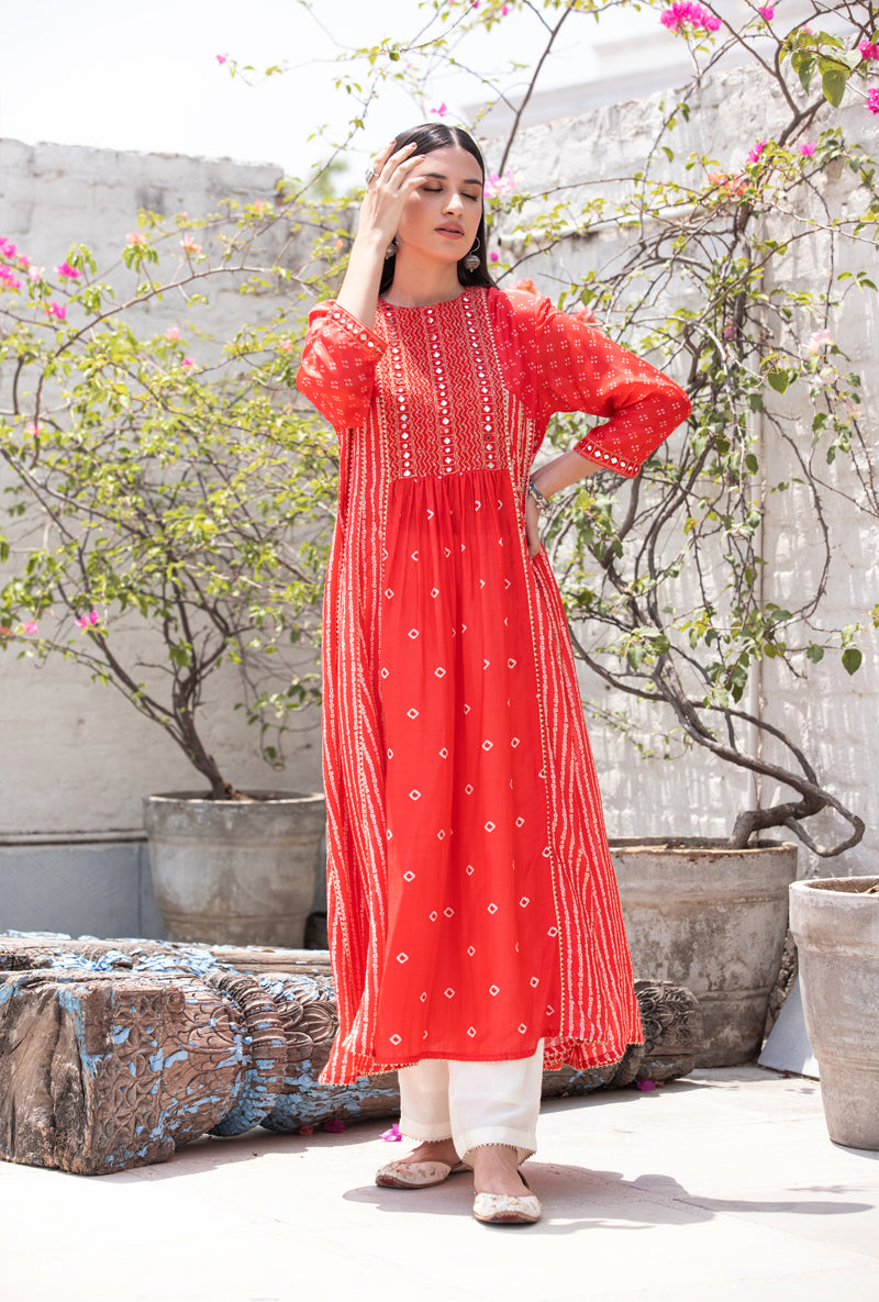 Coral Red Mirror Yoke Nura Kurta Set