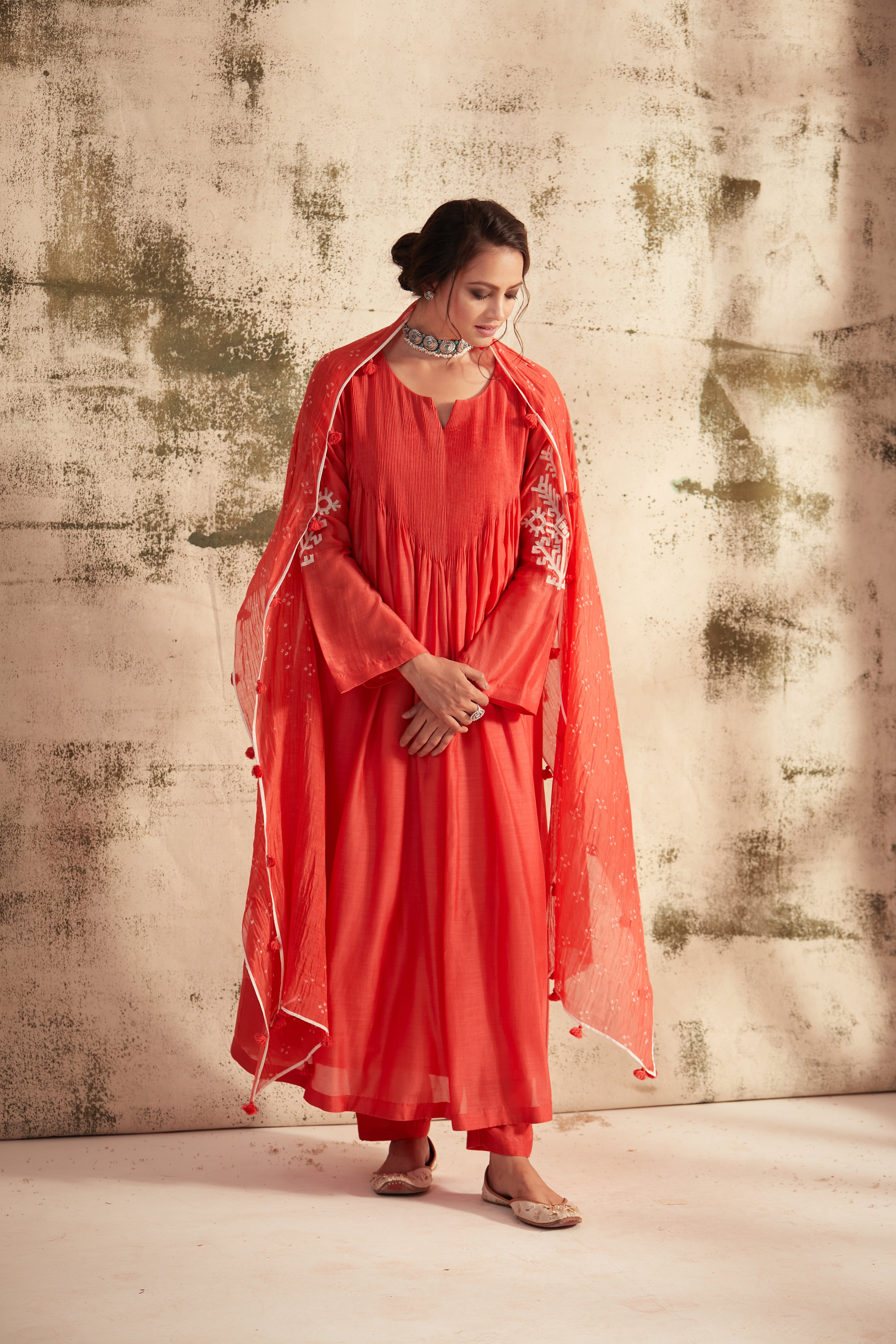 Madhuri Grover in Coral Motif Pintuck Inaya Kurta Set