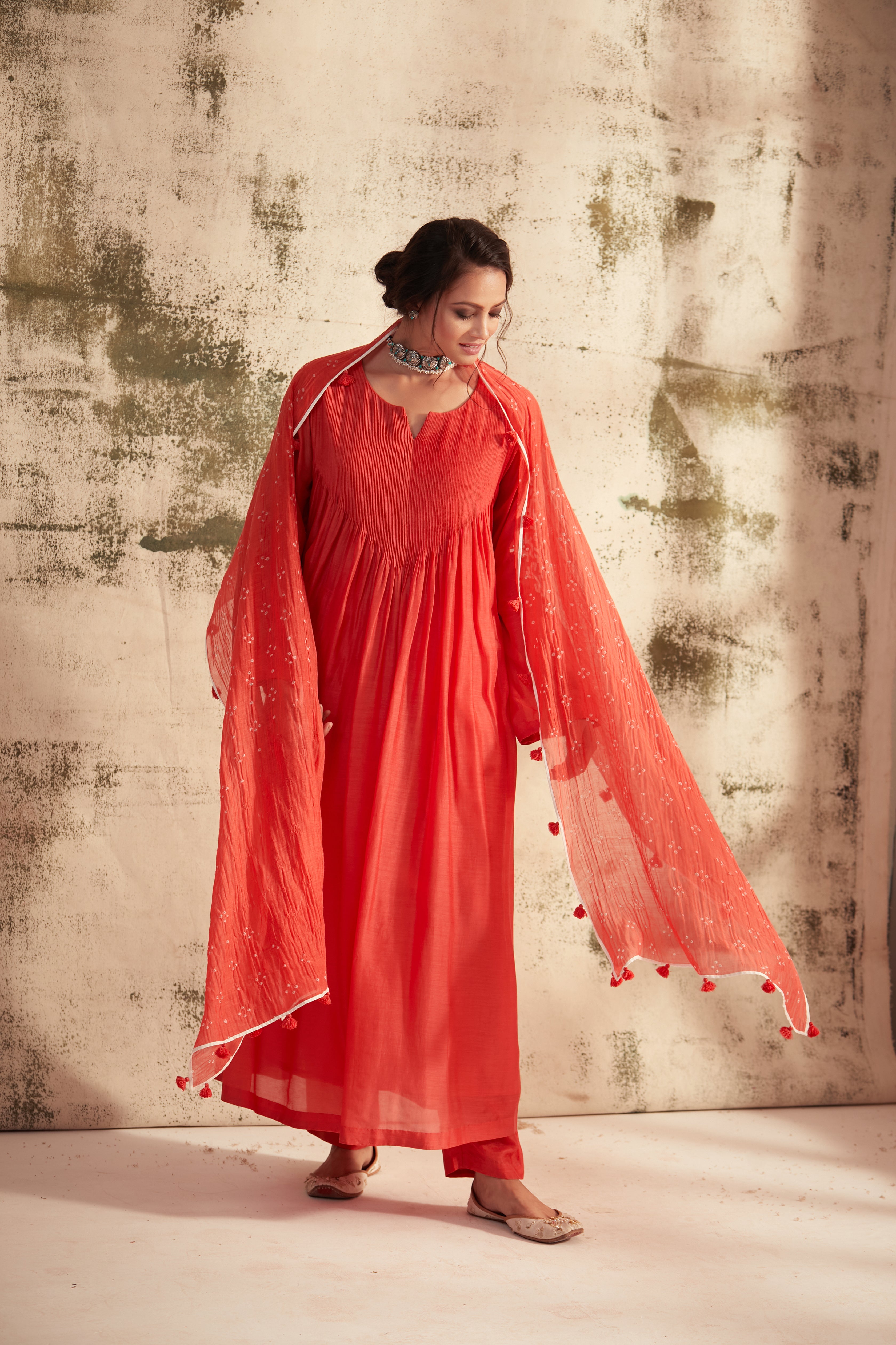 Madhuri Grover in Coral Motif Pintuck Inaya Kurta Set