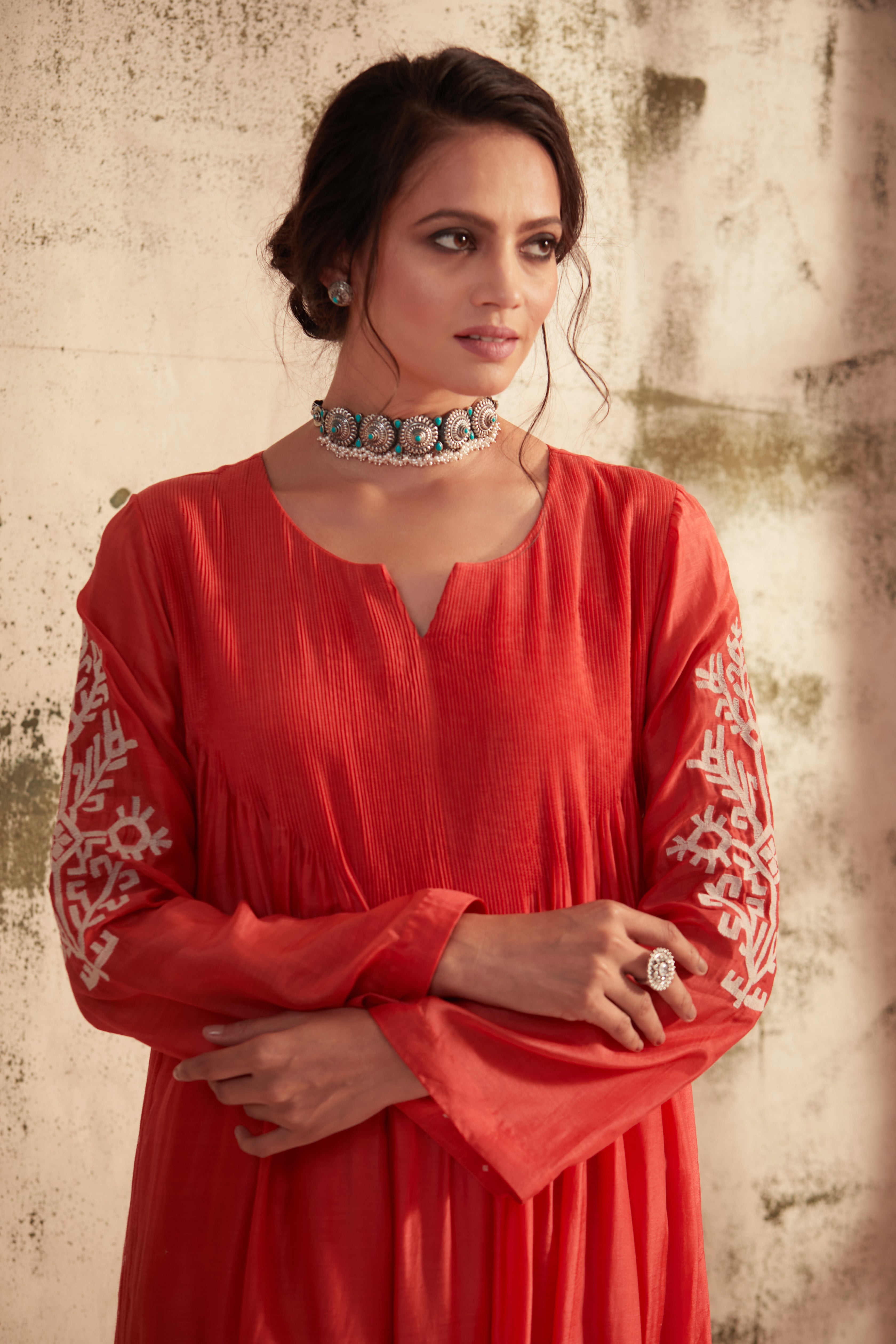 Madhuri Grover in Coral Motif Pintuck Inaya Kurta Set