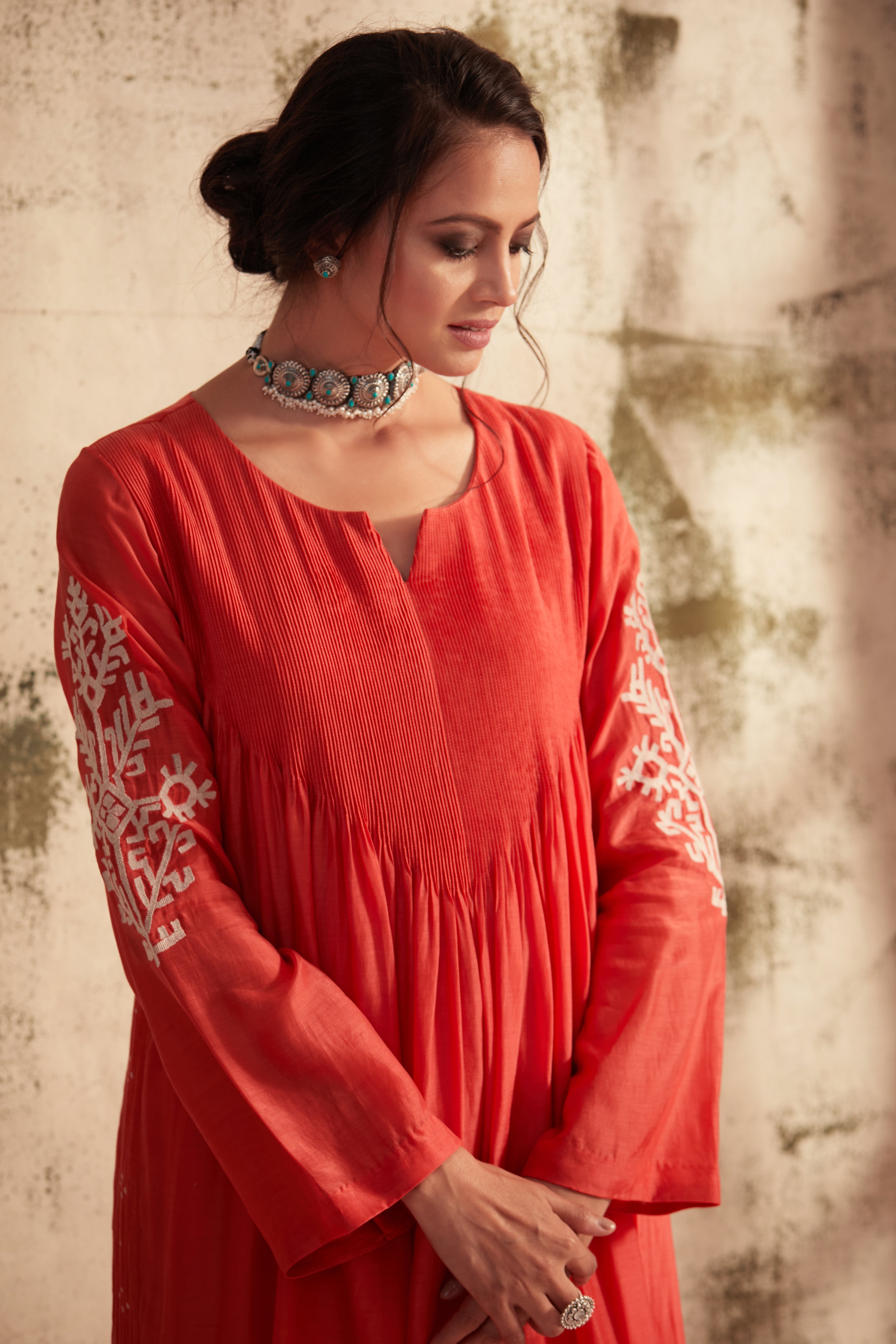 Madhuri Grover in Coral Motif Pintuck Inaya Kurta Set
