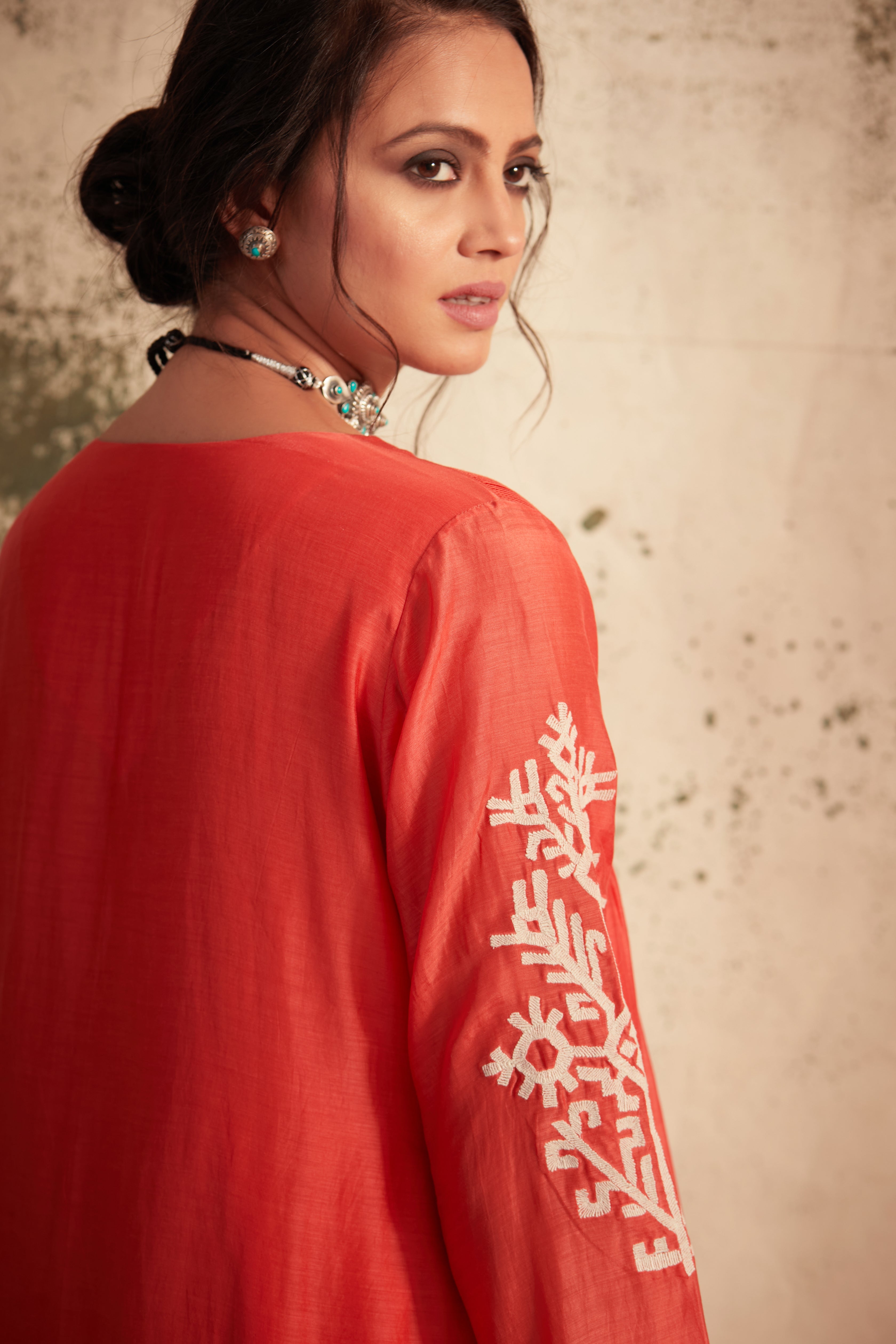 Madhuri Grover in Coral Motif Pintuck Inaya Kurta Set