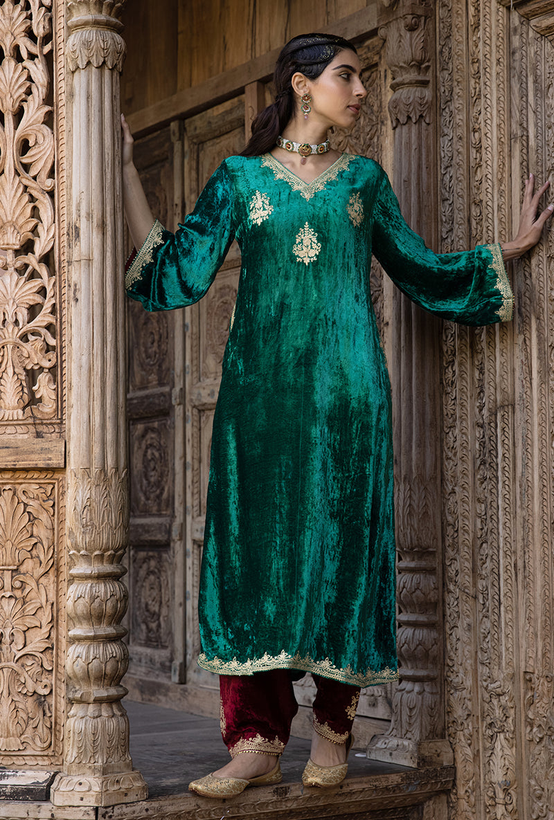 Green Velvet V Neckline Kurta Set