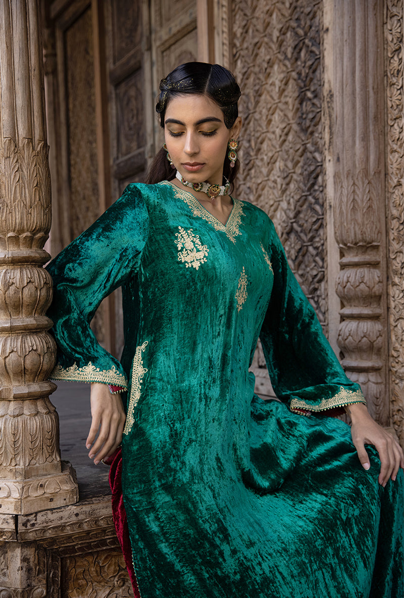 Green Velvet V Neckline Kurta Set