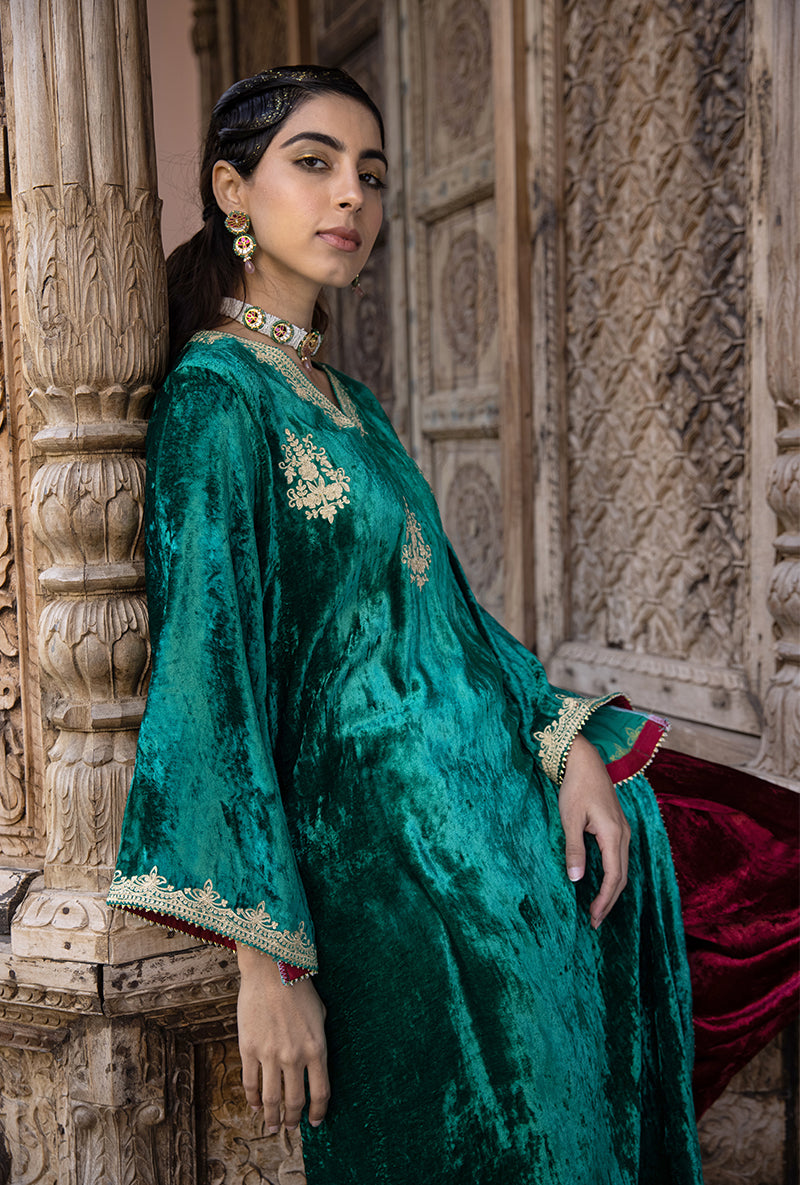 Green Velvet V Neckline Kurta Set
