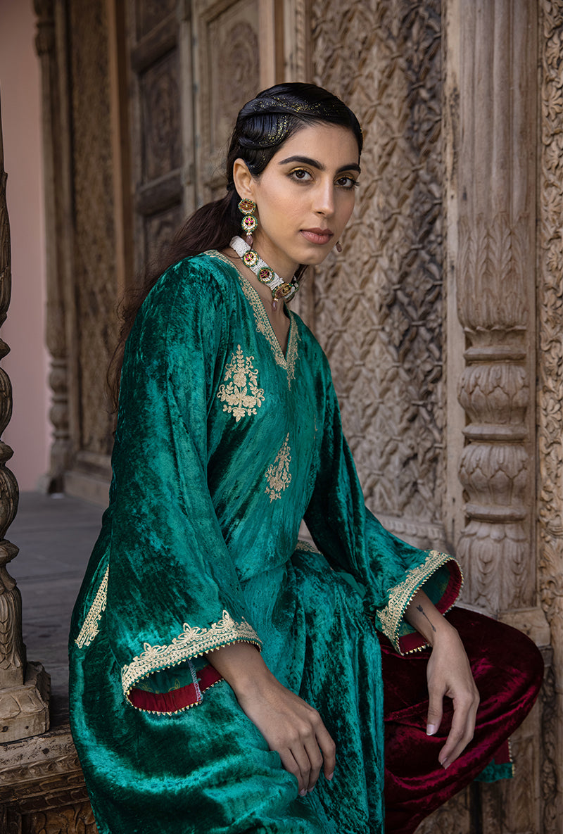 Green Velvet V Neckline Kurta Set