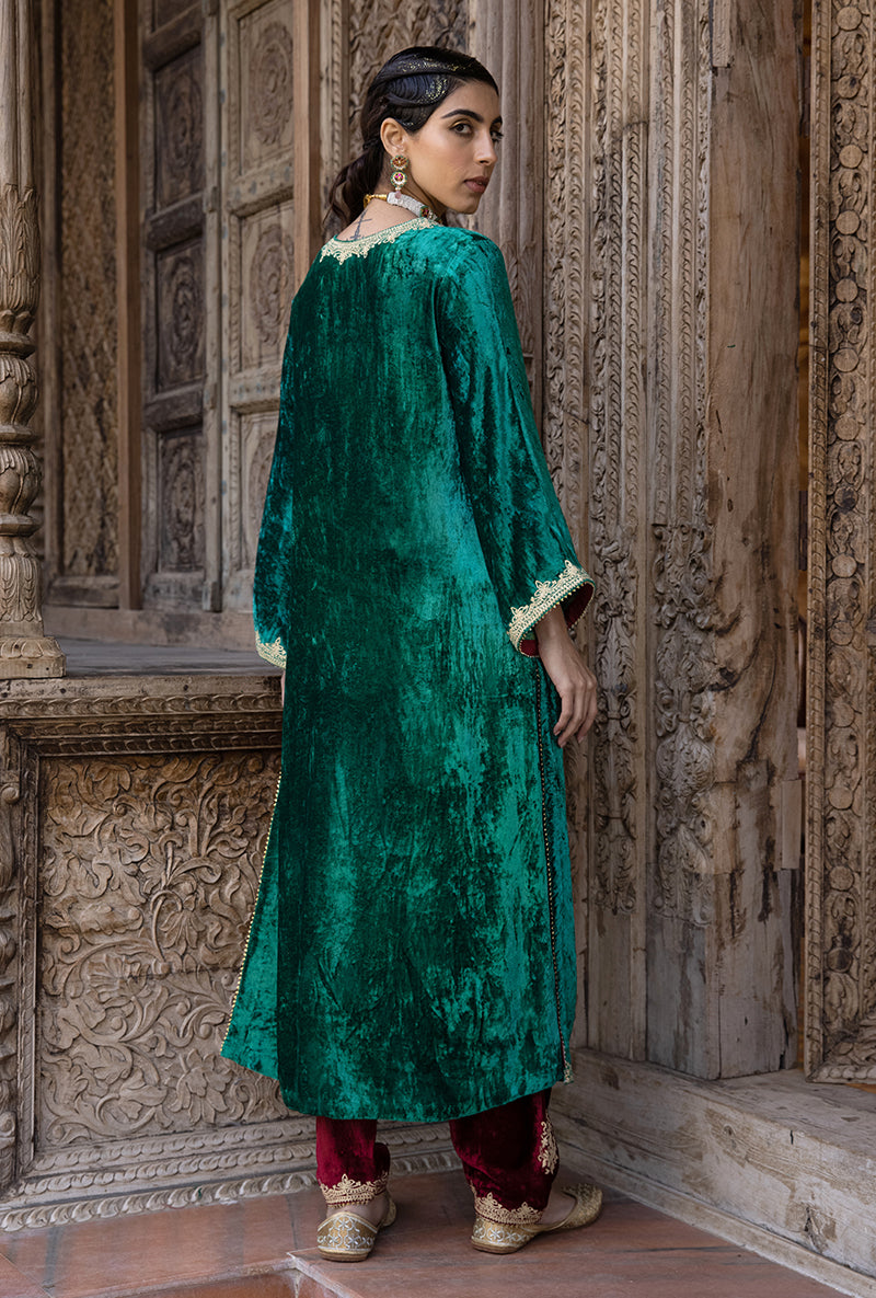 Green Velvet V Neckline Kurta Set