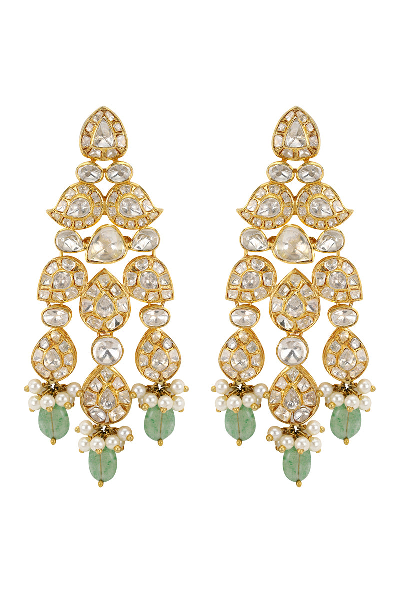 All White Polki in Pear Shape Motif Gold Plated Silver Long Earrings With Green Drops
