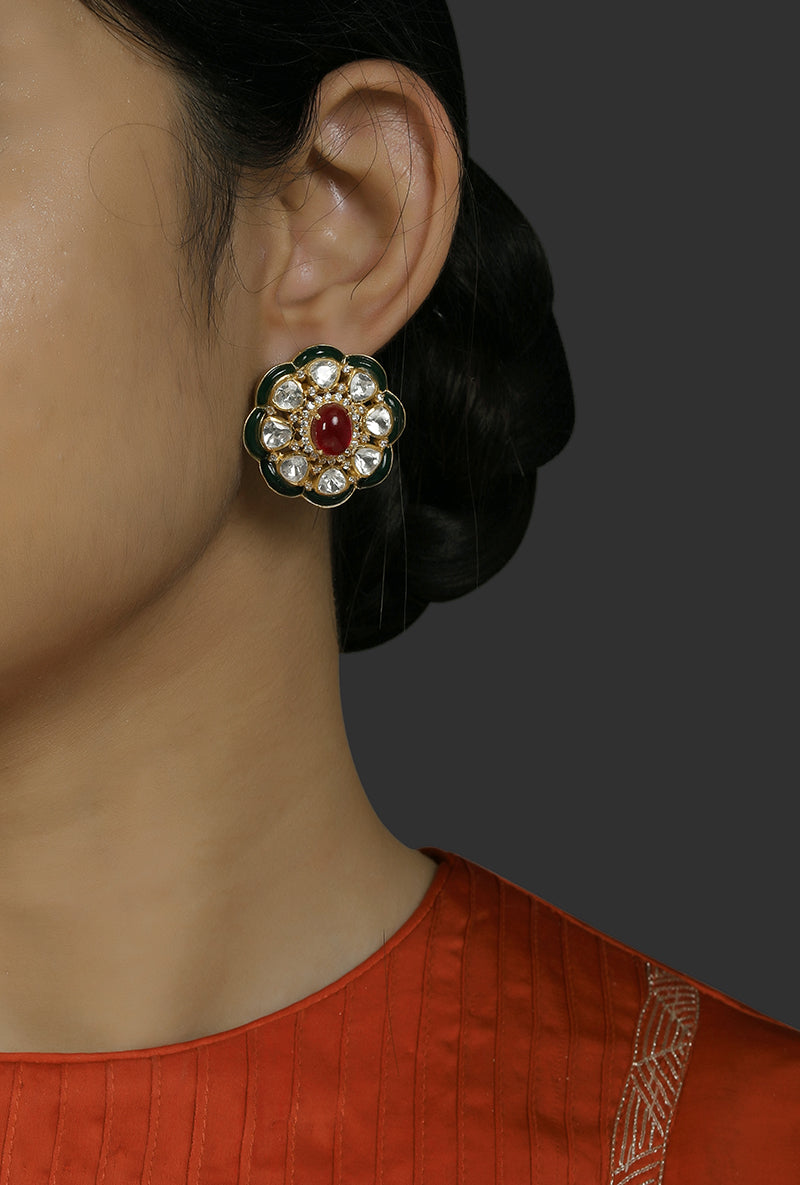 Gold Plated Silver Ear Studs With Red Oval Pota In Center And Green Scallop Utarai With Polki Inbetween