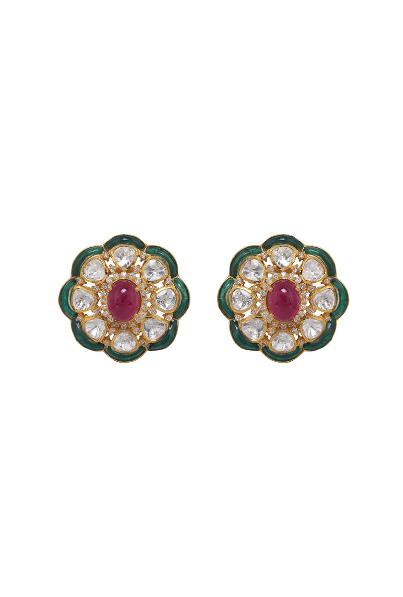 Gold Plated Silver Ear Studs With Red Oval Pota In Center And Green Scallop Utarai With Polki Inbetween