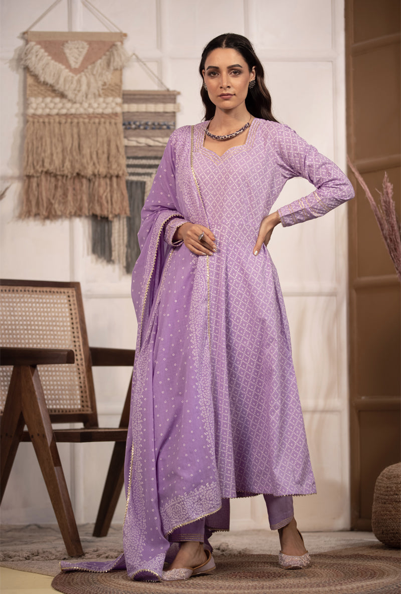 Lilac Bandhej Anarkali Kurta Set