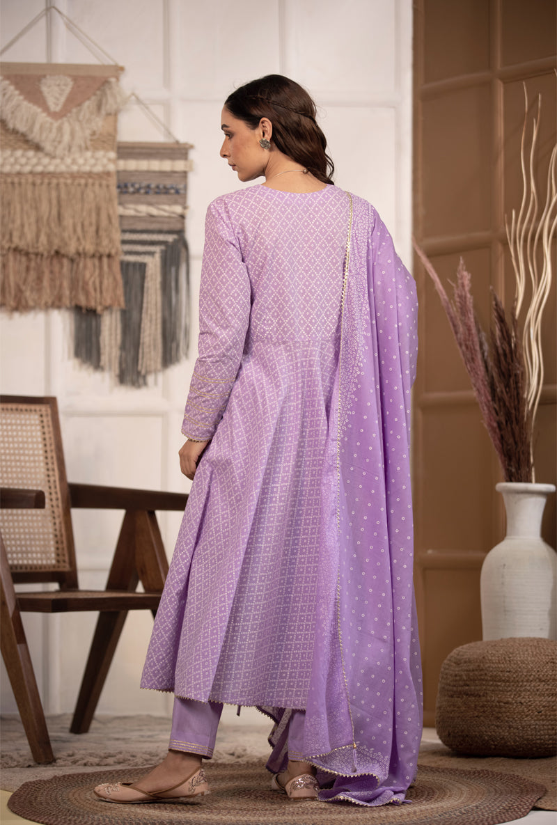 Lilac Bandhej Anarkali Kurta Set