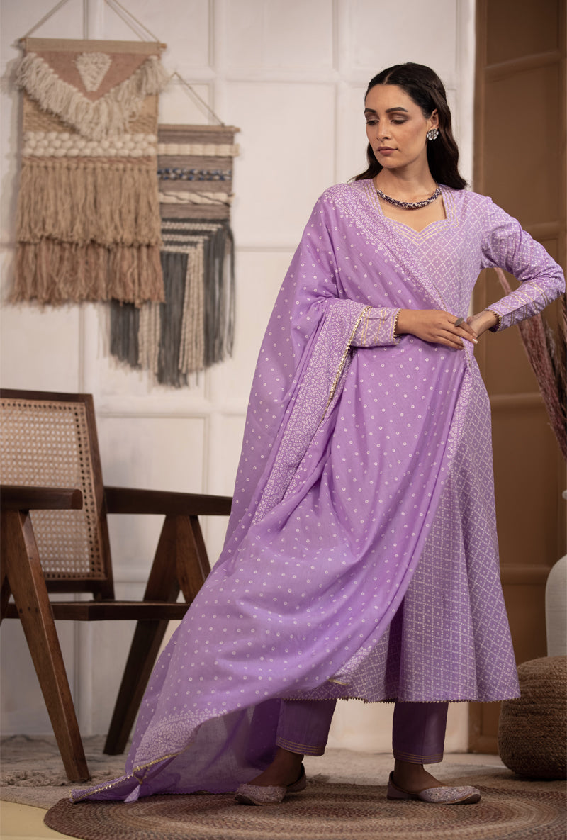 Lilac Bandhej Anarkali Kurta Set