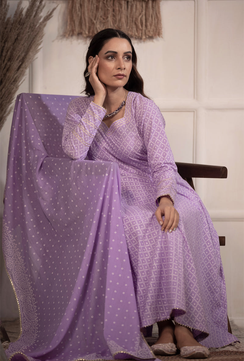 Lilac Bandhej Anarkali Kurta Set