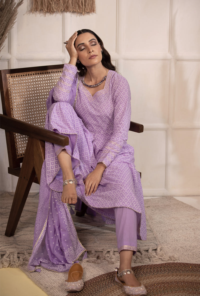 Lilac Bandhej Anarkali Kurta Set