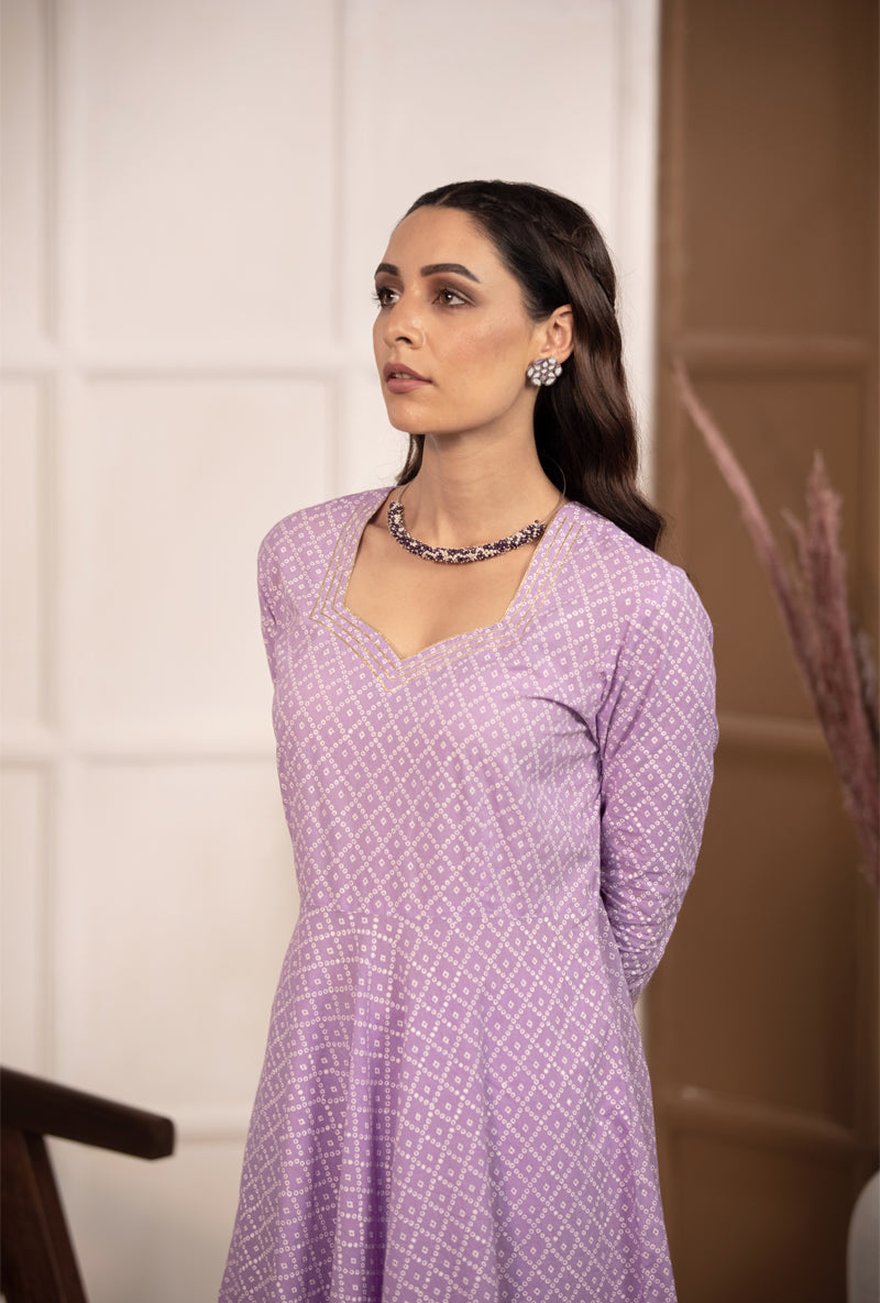 Lilac Bandhej Anarkali Kurta Set