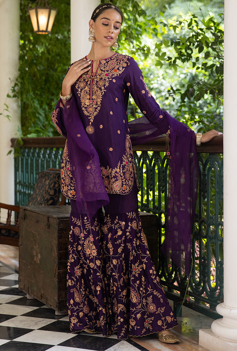Purple Kairi Buta Full Jaal Zeenat Gharara Set