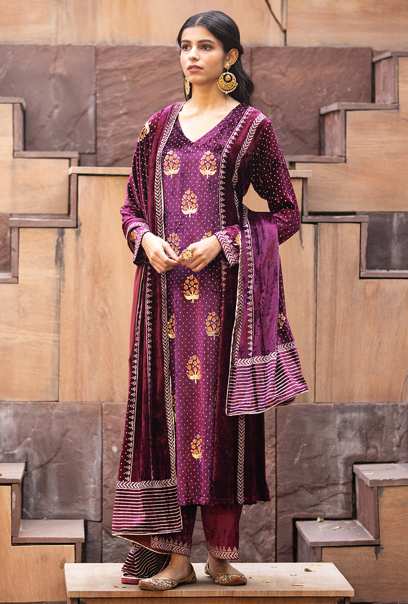 Wine Ruhaani A-line Anarkali Set