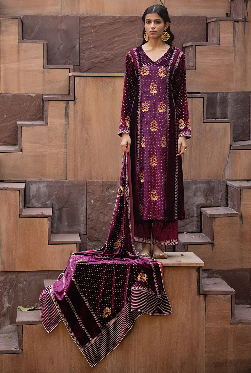 Wine Ruhaani A-line Anarkali Set