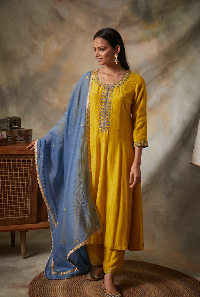 Yellow A-line Mahi Kurta Set