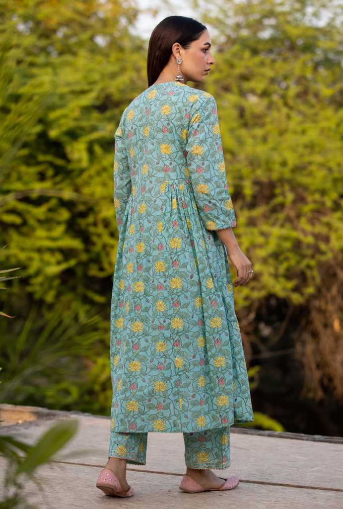 Aqua/Yellow Pankhuri Anarkali Kurta Set