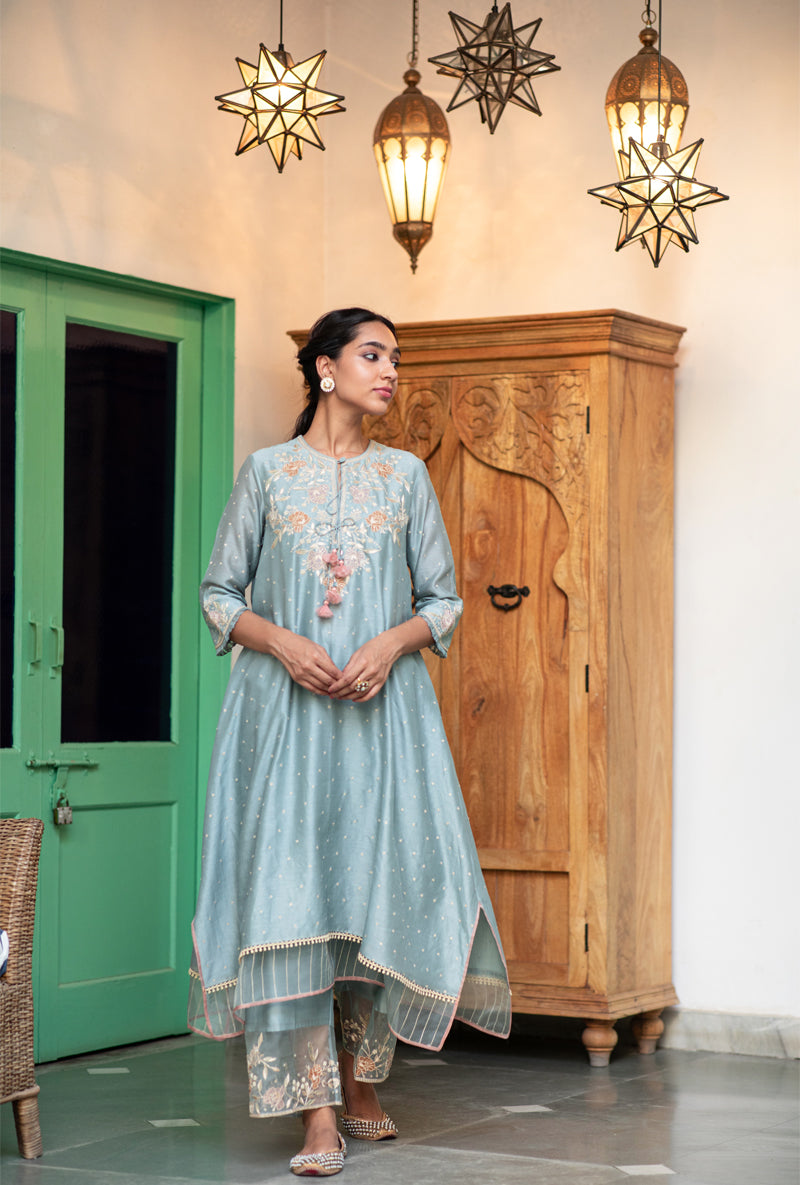 Blue Applique Layered Nazam Kurta Set
