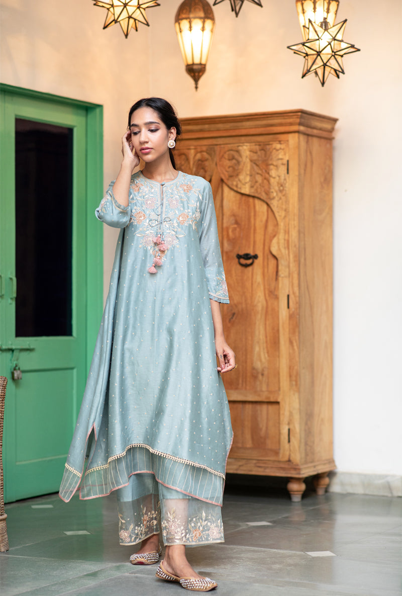 Blue Applique Layered Nazam Kurta Set