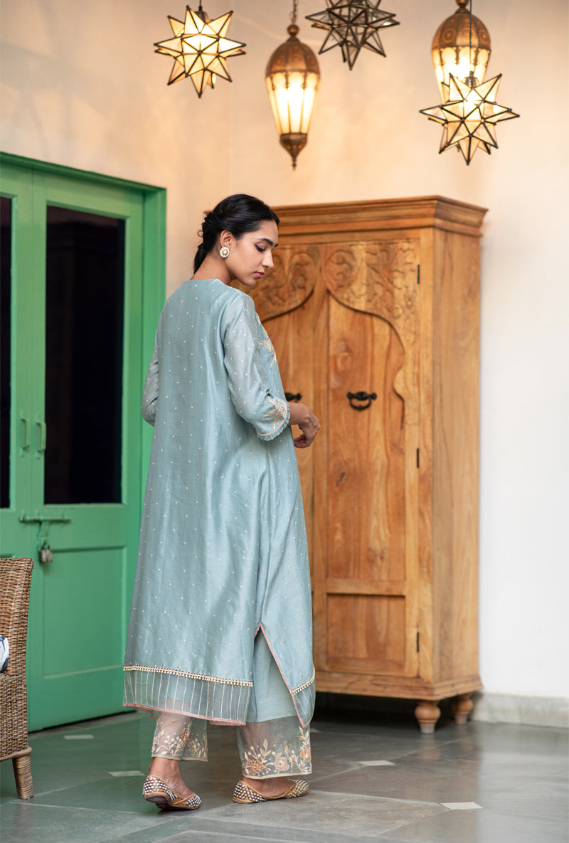 Blue Applique Layered Nazam Kurta Set