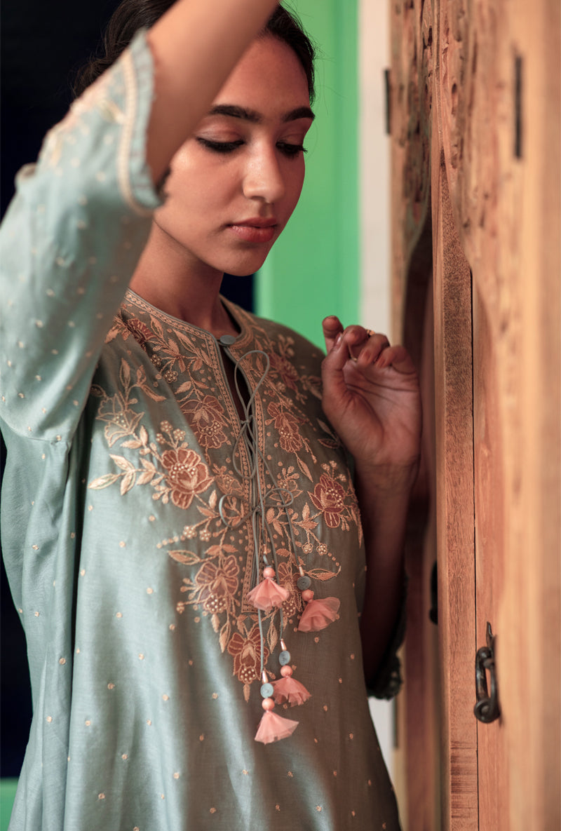 Blue Applique Layered Nazam Kurta Set