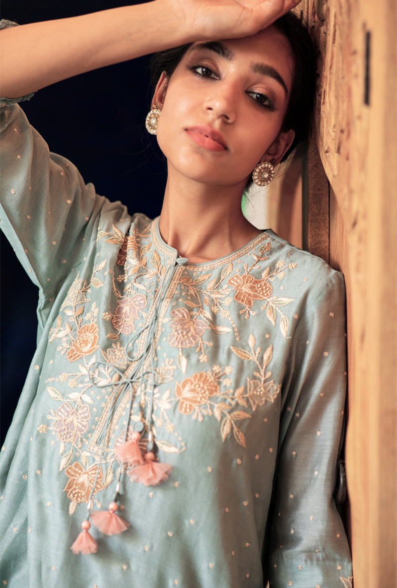Blue Applique Layered Nazam Kurta Set