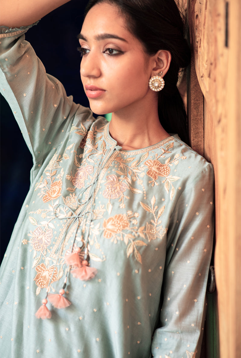 Blue Applique Layered Nazam Kurta Set