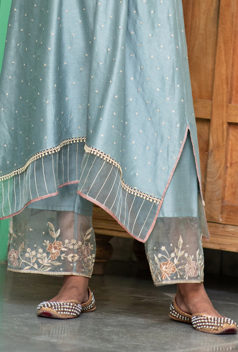 Blue Applique Layered Nazam Kurta Set
