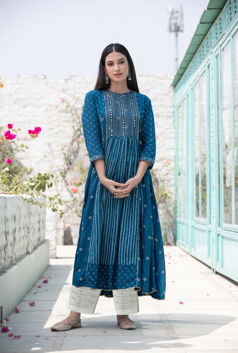 Blue Mirror Yoke Nura Kurta Set