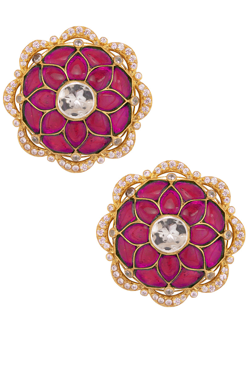 Polki & Red Stone Gold Plated Silver Ear Studs