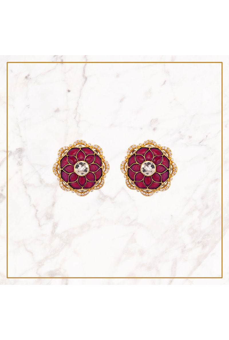 Polki & Red Stone Gold Plated Silver Ear Studs