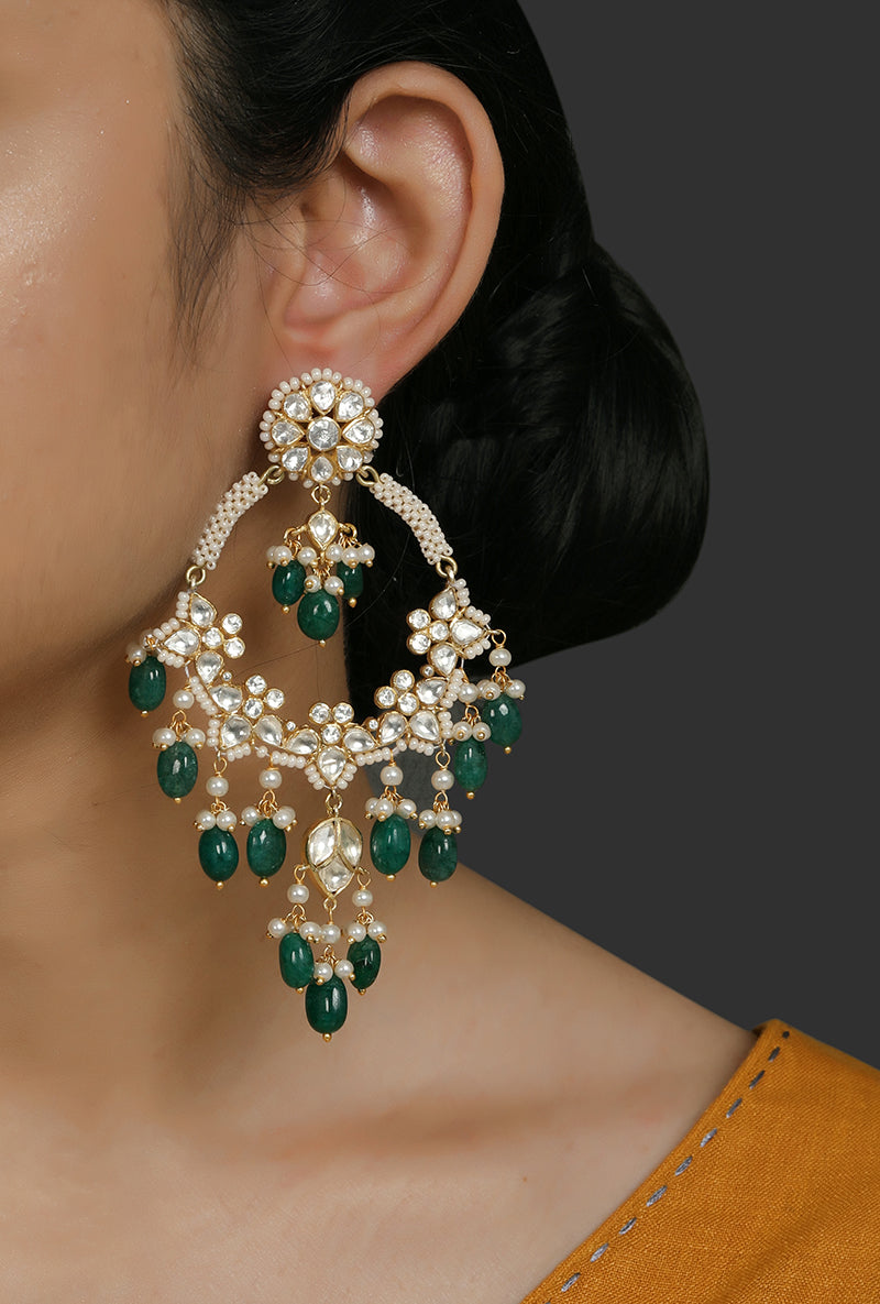 Gold Plated Silver Polki & Pearl Chandbali With Green Drops