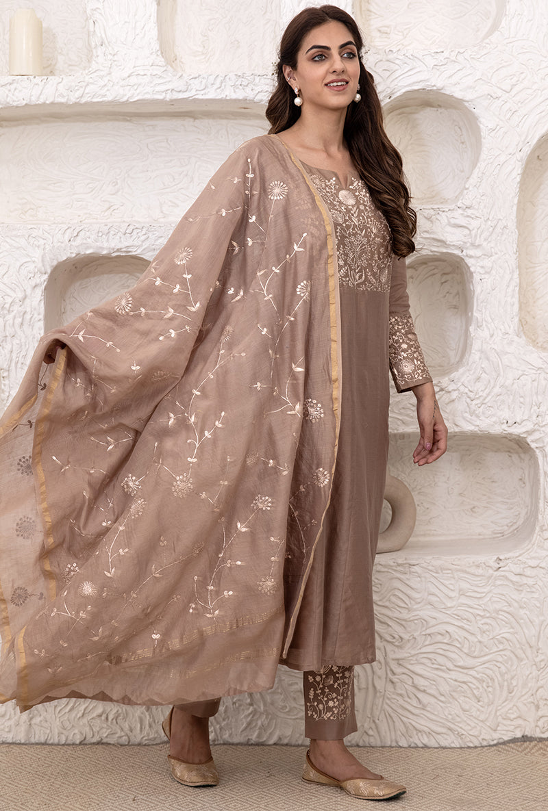 Khaki Brown Kalidaar Tahira Kurta Set