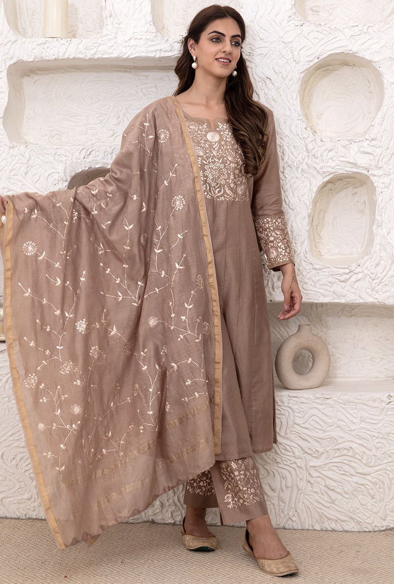 Khaki Brown Kalidaar Tahira Kurta Set