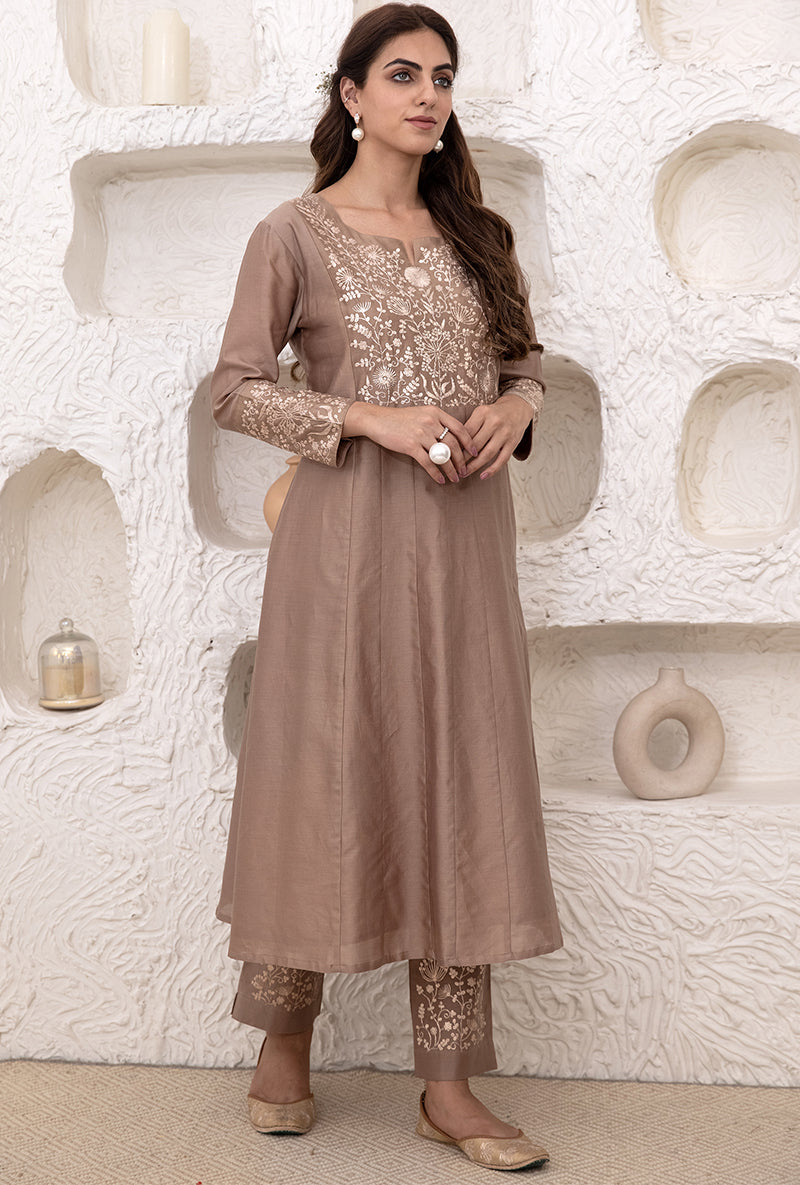 Khaki Brown Kalidaar Tahira Kurta Set