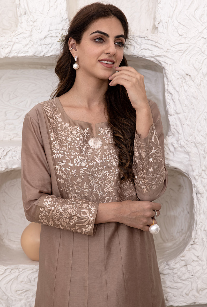 Khaki Brown Kalidaar Tahira Kurta Set